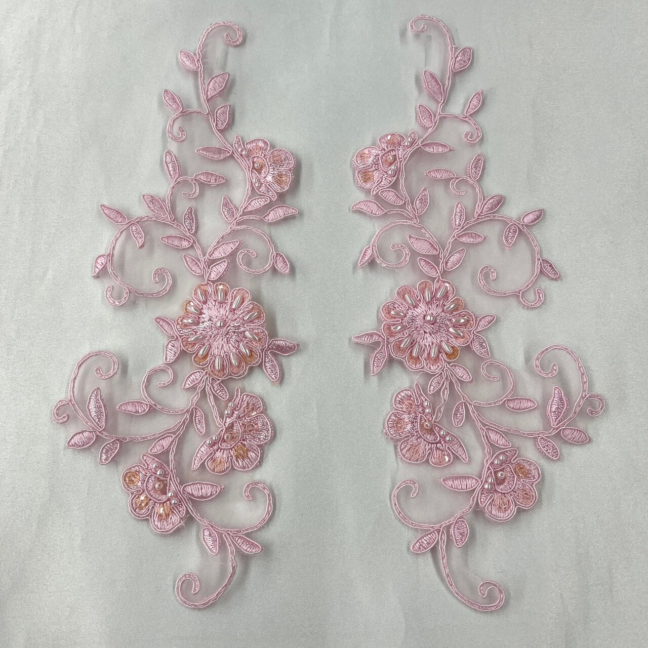 1 Pair Beaded & Corded Floral Lace Applique Embroidered on 100% Polyester 9.5" x 2" Each Side